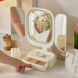 LED Lighted Tri-Fold Makeup Mirror with Storage Drawer & Magnification