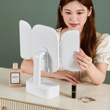 LED Lighted Tri-Fold Makeup Mirror with Storage Drawer & Magnification